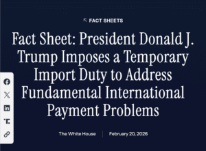 Screenshot of a White House webpage with a dark blue background and large white headline text reading, “Fact Sheet: President Donald J. Trump Imposes a Temporary Import Duty to Address Fundamental International Payment Problems.”